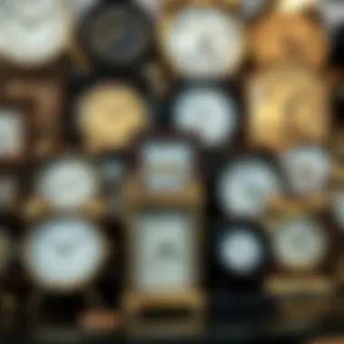 An array of small clocks in different styles and materials on display