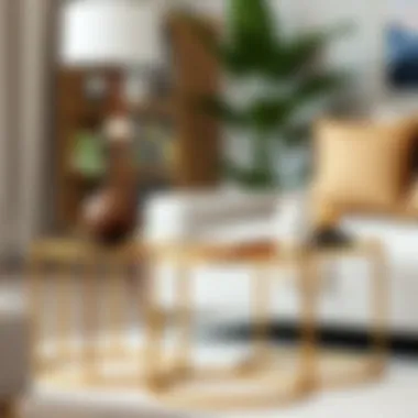 Stylish arrangement of small gold glass side tables with decorative accents