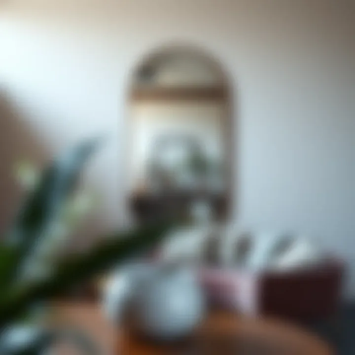 An elongated oval mirror used as an artistic focal point in a contemporary space