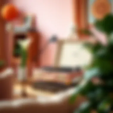 Stylish interior featuring a light pink record player