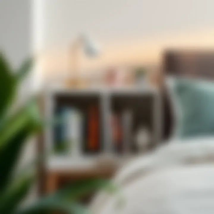 Stylish cube shelf nightstand with books and decorative items