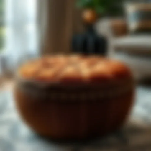 Luxurious round brown ottoman with intricate stitching