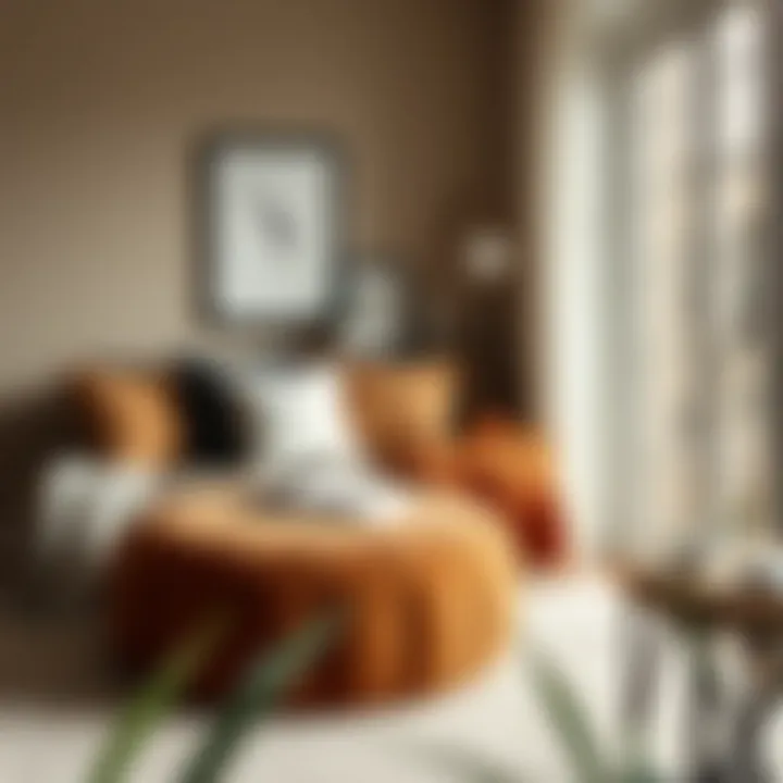 Round brown ottoman featured in a cozy reading nook