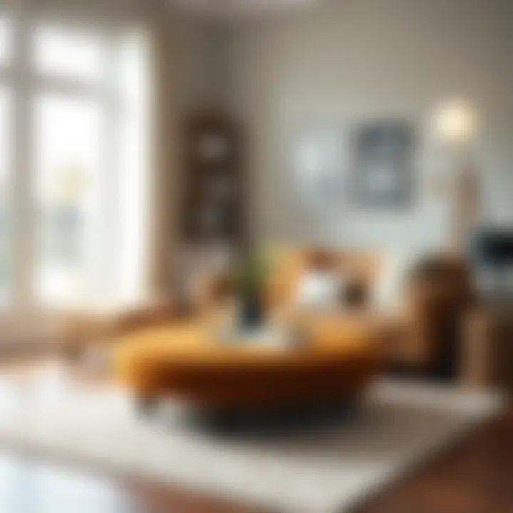 Versatile round brown ottoman used as a coffee table