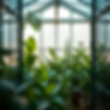 Lush Plant Growth in Mini Greenhouse Interior view showcasing thriving plants within a glass greenhouse