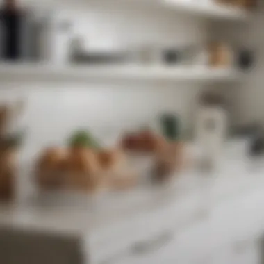 Organized white wire baskets on a stylish kitchen shelf.