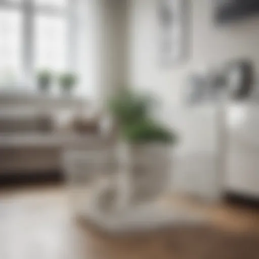 Elegant white wire storage basket in a modern living room setting.