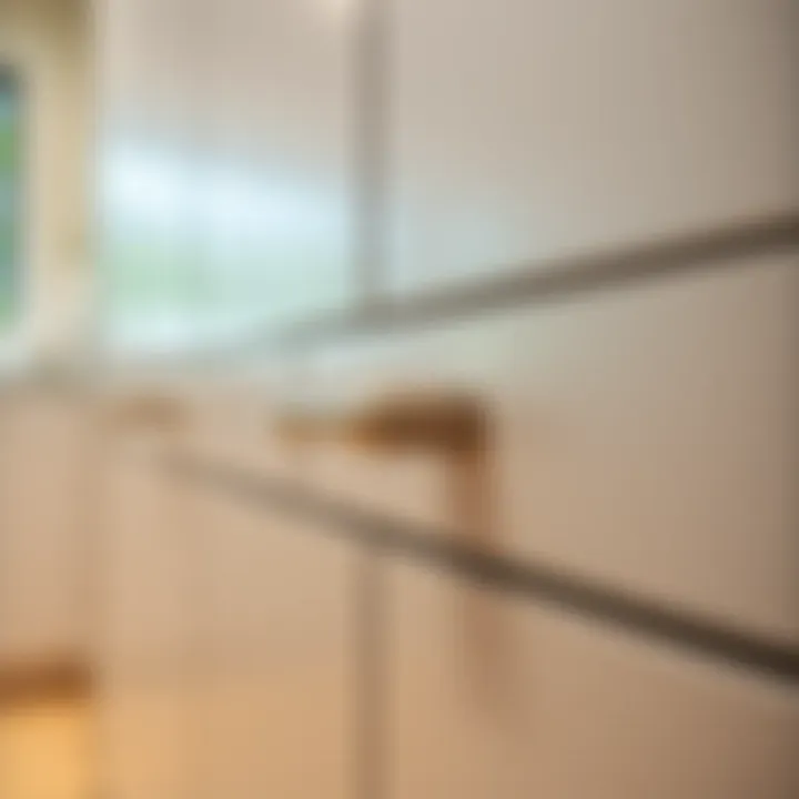 Close-up of long cabinet handles installed on sleek cabinetry