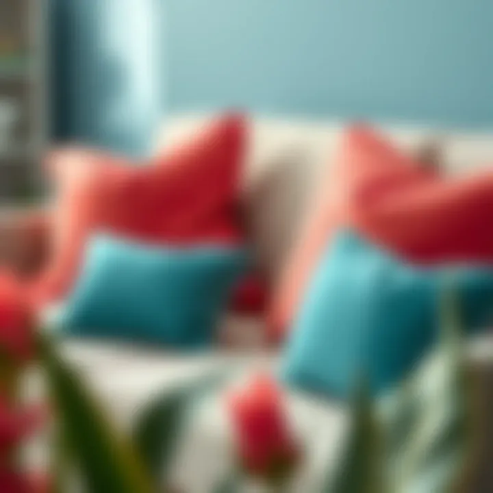 Elegant coral and teal throw pillows on a modern sofa
