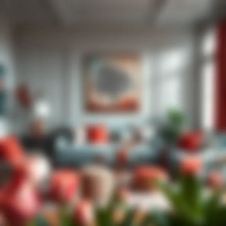 A beautifully designed living room showcasing coral and teal elements