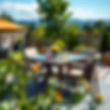 Waterproof patio table in a beautifully landscaped outdoor area