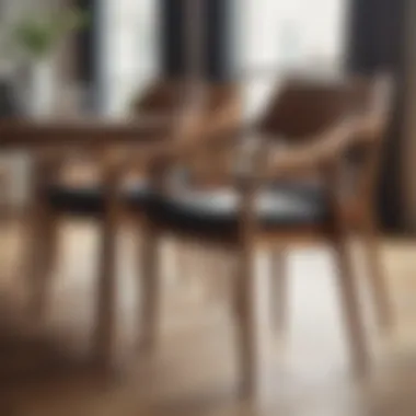 Modern wooden arm chairs arranged around a dining table