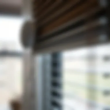 Close-up of automatic blinds with Google Home device.
