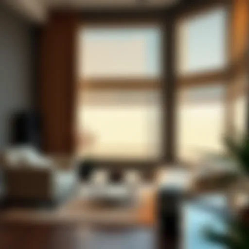 Modern Living Space with Smart Blinds Elegant interior featuring automatic blinds controlled by Google Home.