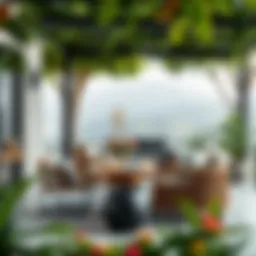 Stylish outdoor seating arrangement with lush greenery