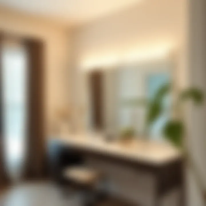 Stylish long vanity light bar accentuating a contemporary dressing area.