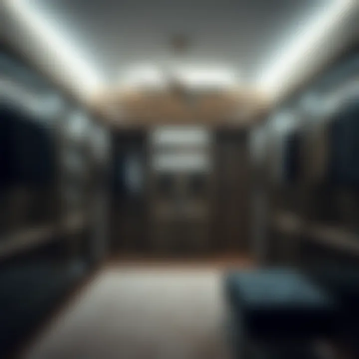 Luxurious walk-in closet with modern lighting and sleek shelving