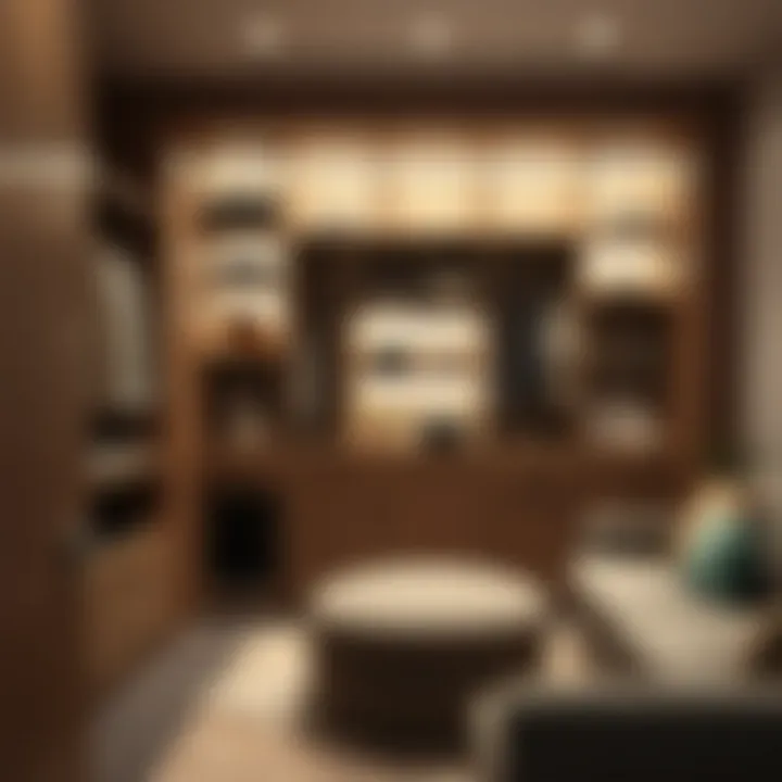 Stylish closet with integrated lighting and multifunctional furniture