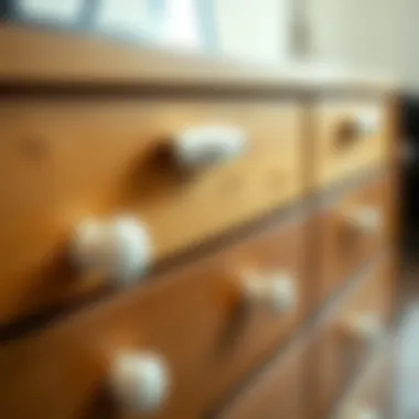 Installation of white drawer pulls on a wooden dresser