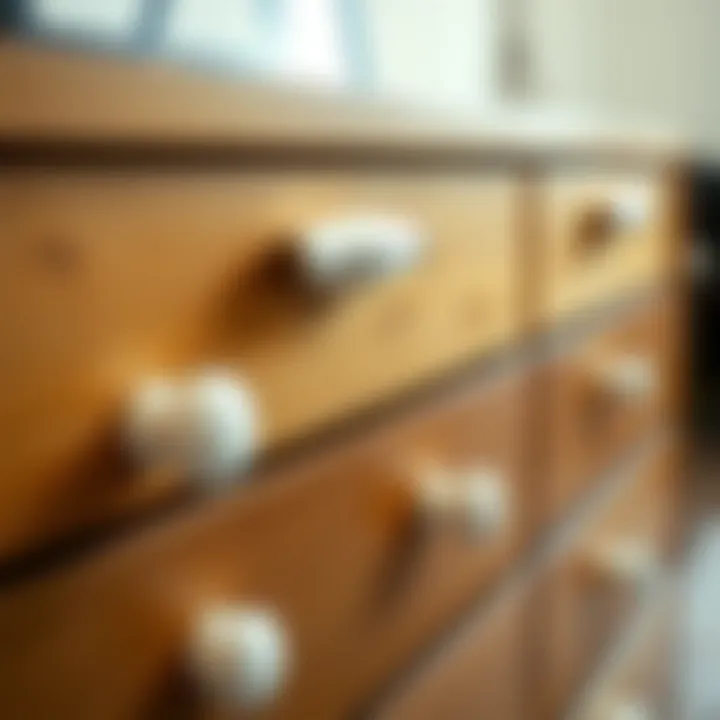 Installation of white drawer pulls on a wooden dresser