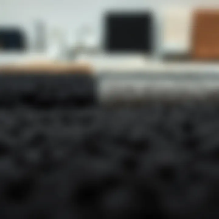 Different textures of large black bathroom rugs displayed together