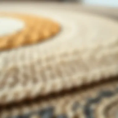 A close-up view of various materials used in the production of circular rugs, emphasizing texture and quality.