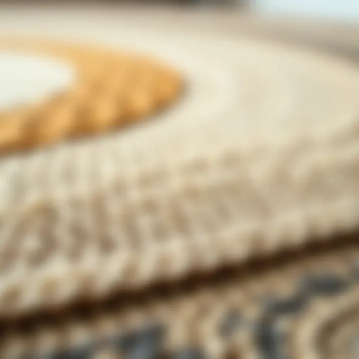 A close-up view of various materials used in the production of circular rugs, emphasizing texture and quality.