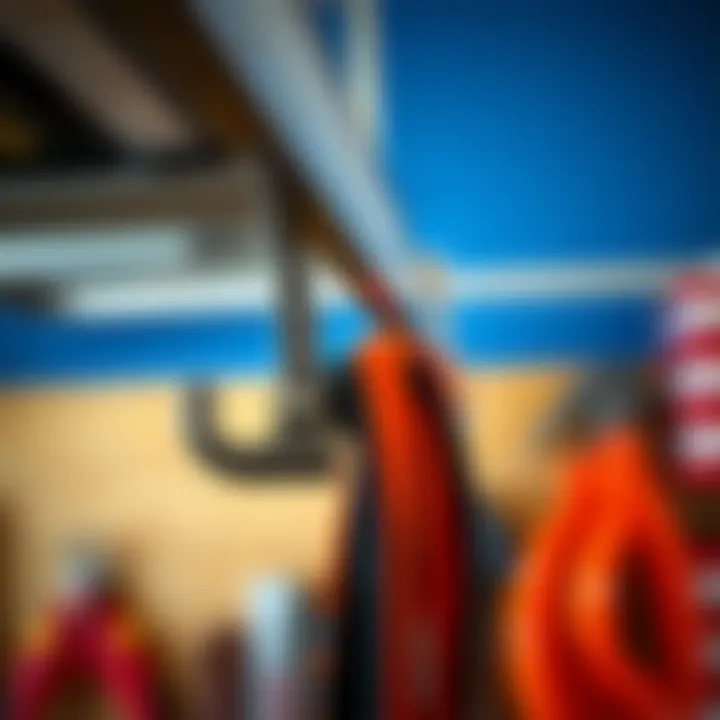 Close-up of a heavy-duty wall hook holding equipment securely