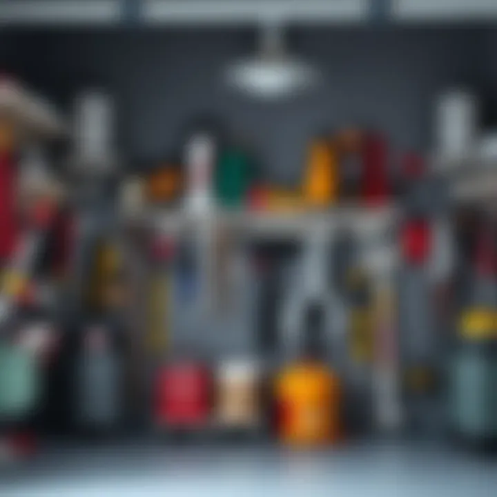 Stylish garage showcasing large wall hooks organizing various tools