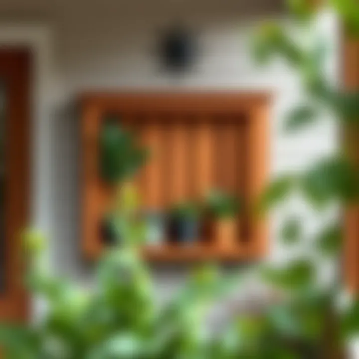 Elegant wooden outdoor porch shelf showcasing decorative plants