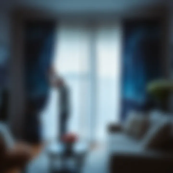 Homeowner installing starry night blackout curtains