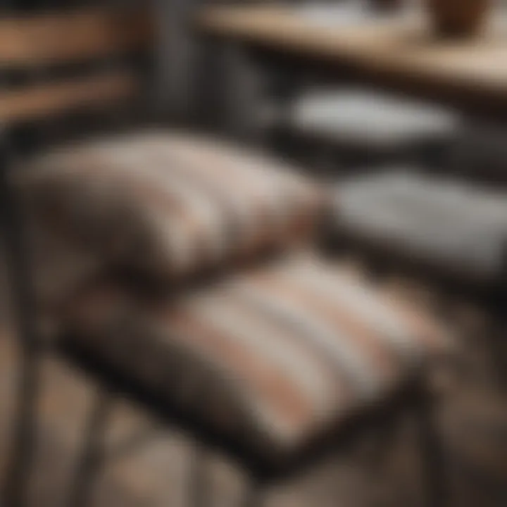 Stylish striped dining chair cushions arranged on a rustic table