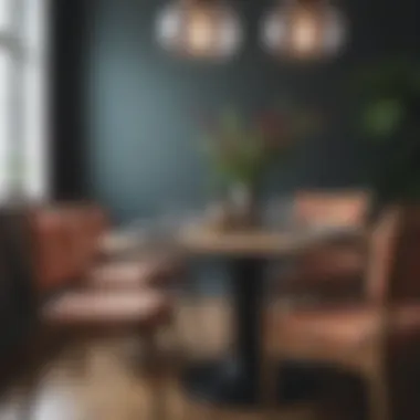 Vibrant dining area featuring striped cushions on wooden chairs