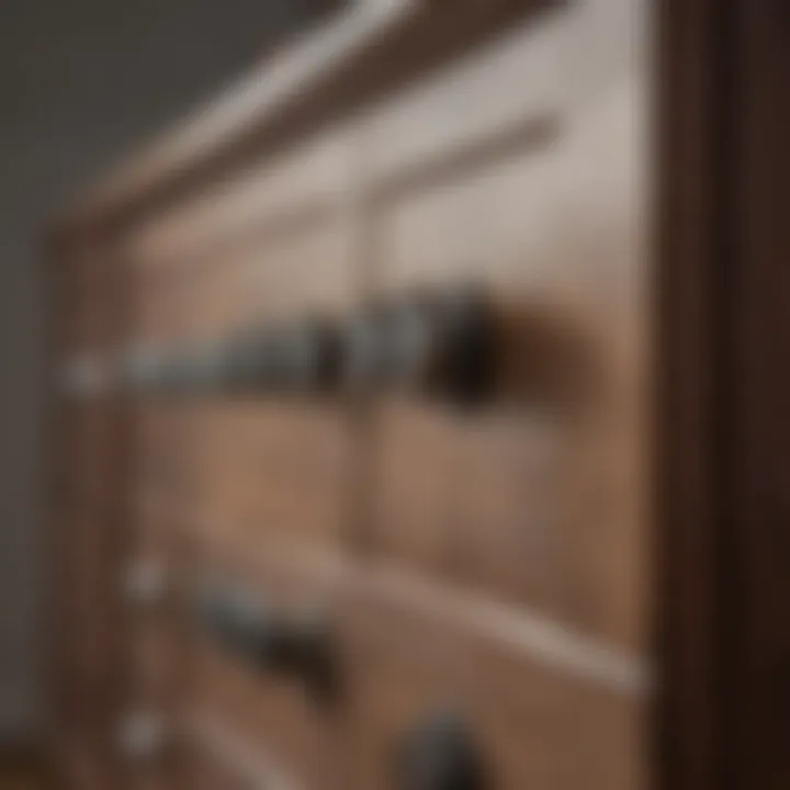 Close-up of drawer handles on a tall triple dresser