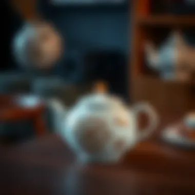An elegant ceramic teapot with intricate design on a wooden table