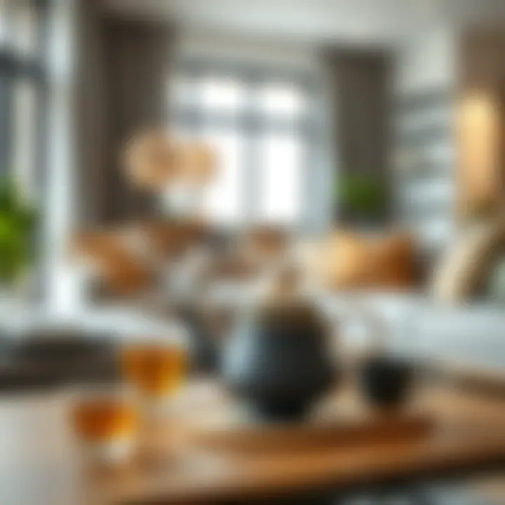 A stylish tea set displayed in a contemporary living room setting