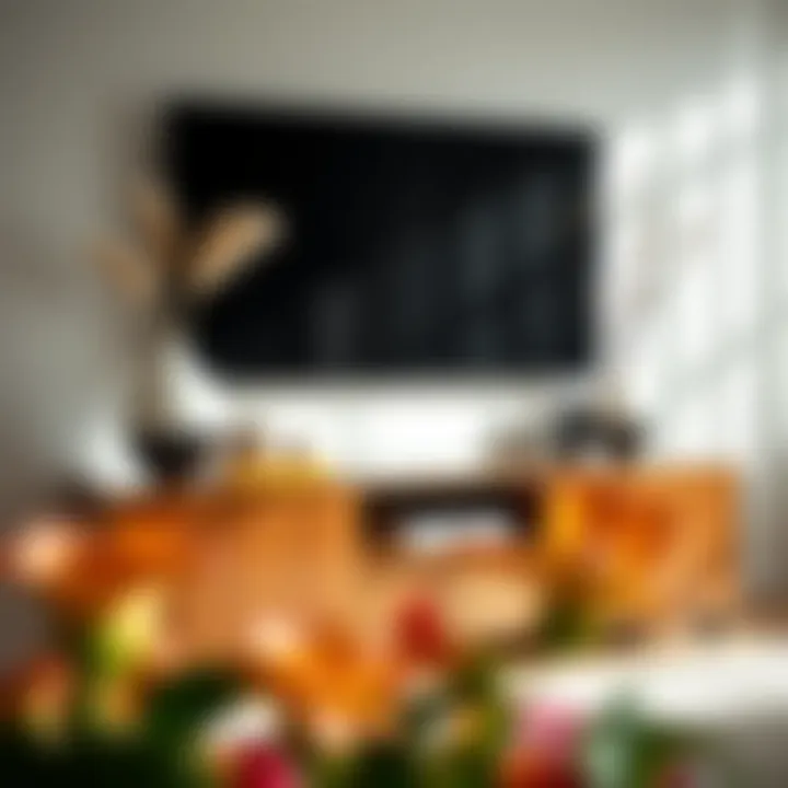 Stylishly arranged shiny TV stand with decorative elements