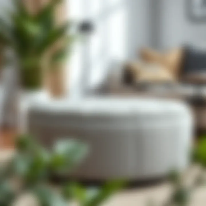 Elegant grey round storage ottoman placed in a minimalist décor
