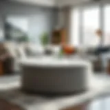 Stylish grey round storage ottoman in a contemporary living room setting
