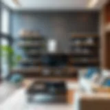 A contemporary living room featuring stylish floating shelves with decorative accents.