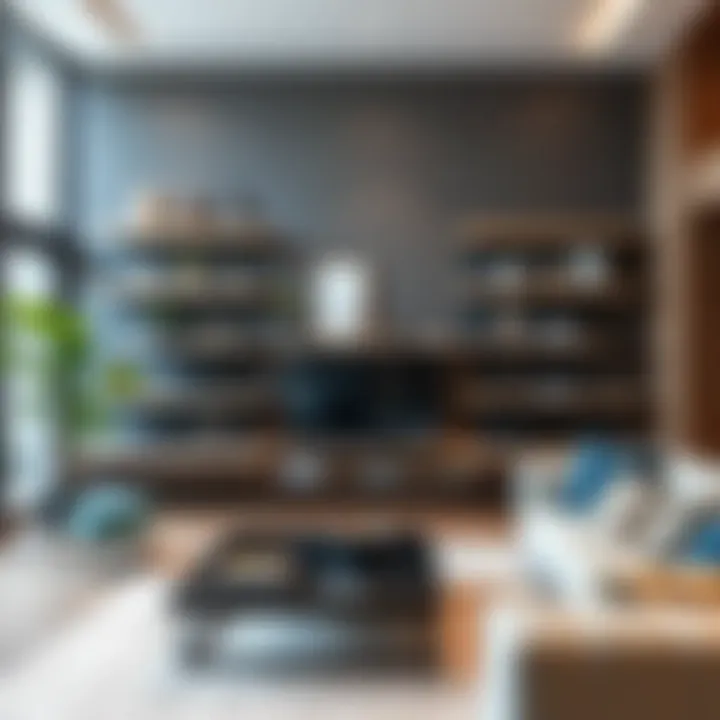 A contemporary living room featuring stylish floating shelves with decorative accents.