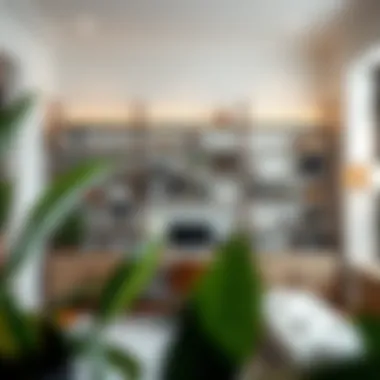 An elegant home office with sleek shelves organizing books and personal items.