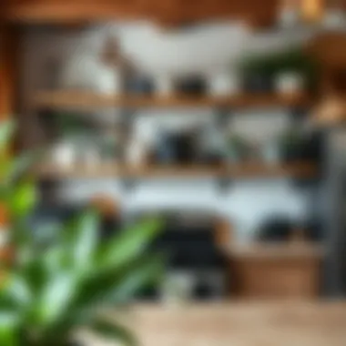 A rustic kitchen with open shelves displaying curated dishware and plants.