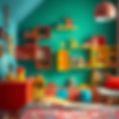 A vibrant children's room adorned with creative shelf designs for toys and books.