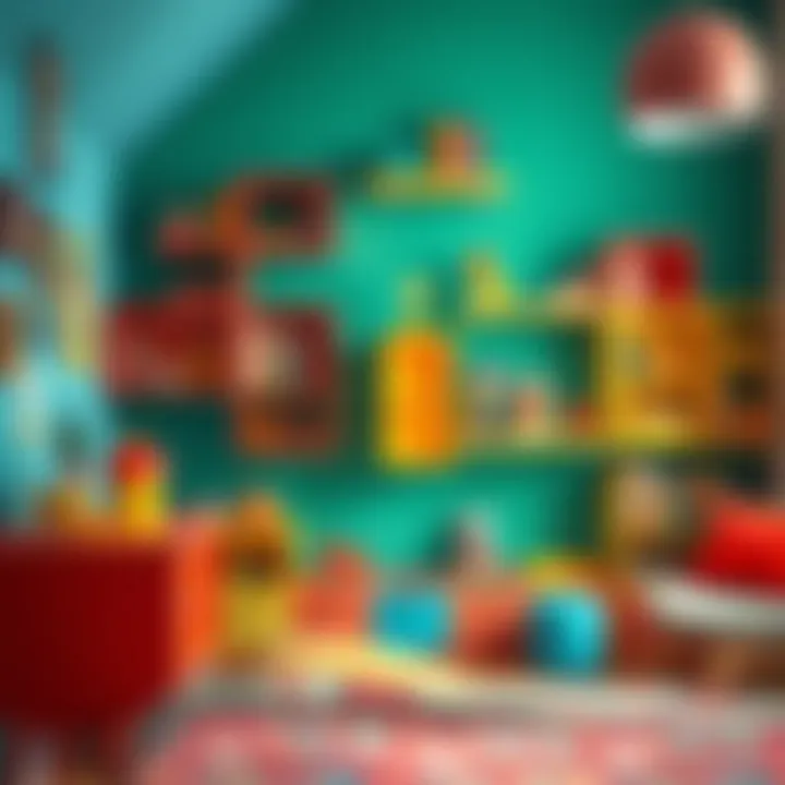 A vibrant children's room adorned with creative shelf designs for toys and books.