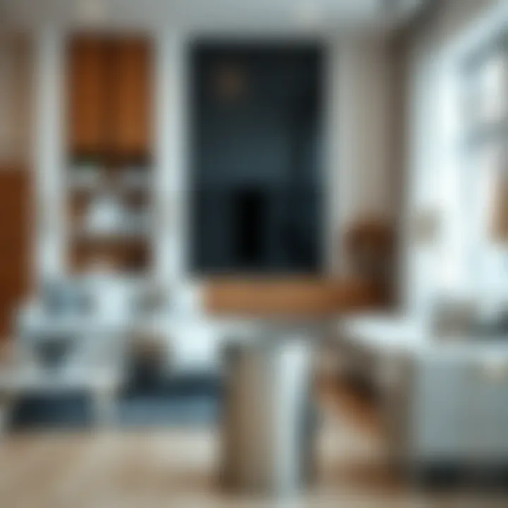 Stylish silver trash bin in minimalist living room