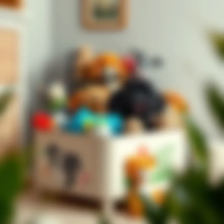 Various pet toys organized neatly in a decorative toy box