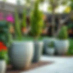 Elegant outdoor concrete pot arrangement in a garden