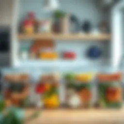 A beautifully organized kitchen featuring clear food storage bins filled with vibrant ingredients.