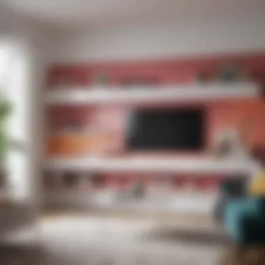 Modern white floating shelves integrated into a colorful living room setting.